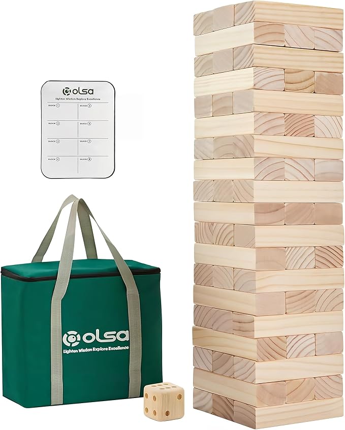 Olsa Giant Tumble Tower 57PCS Wooden Block Stacking Yard Games with Carrying Bag Classic Indoor & Outdoor Game for Adults and Family Party Games for Backyard Lawn Beach Camping (Over 4.2 Ft)