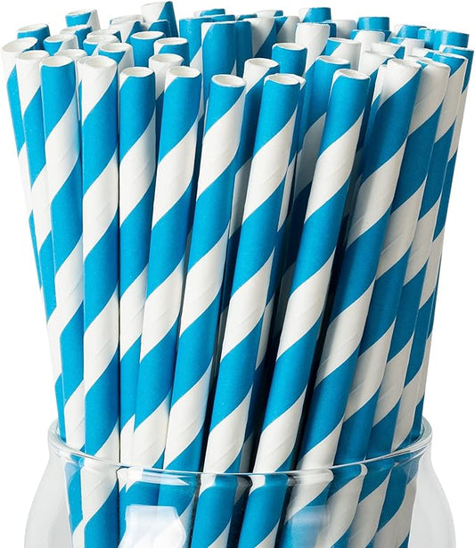 PakTalk 100 Pack Blue Disposable Paper Straws for Drinking, Sky Blue, Food Grade, Eco-Friendly, Biodegradable, for Birthdays, Weddings, Baby Showers, the Fourth of July（0.24" x 7.75"）
