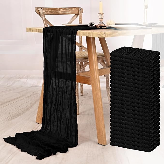 24 Pack Black Cheesecloth Table Runner 10FT Boho Gauze Cheese Cloth Table Runner Rustic Sheer Fabric Table Runners for Wedding Bridal Shower Baby Shower Party(21.5×120 Inch)