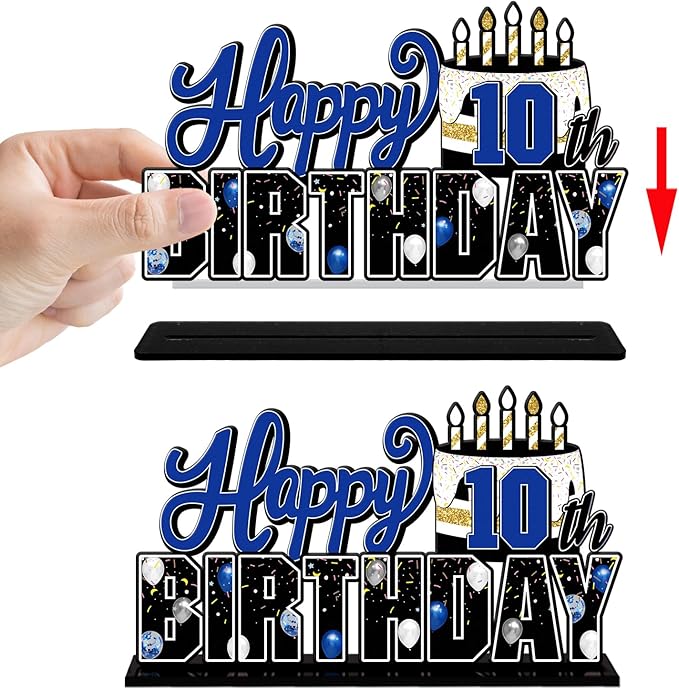 LINGTEER Happy 10th Birthday Blue Acrylic Table Topper Centerpieces Set - Cheers to Ten Years Old Birthday 10th Bday Party Gift Decorations.