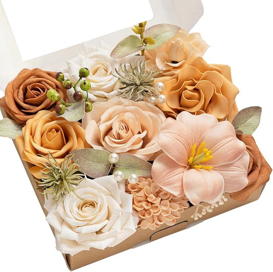 Ling's moment Fake Flowers Box, Faux Artificial Greenery Stems Foam Roses Dahlia Gardenia Tulip Silk Fabic Flower for Centerpieces Bouquet Wedding Vase Decorations, Apricot & Peach, Mini Combo