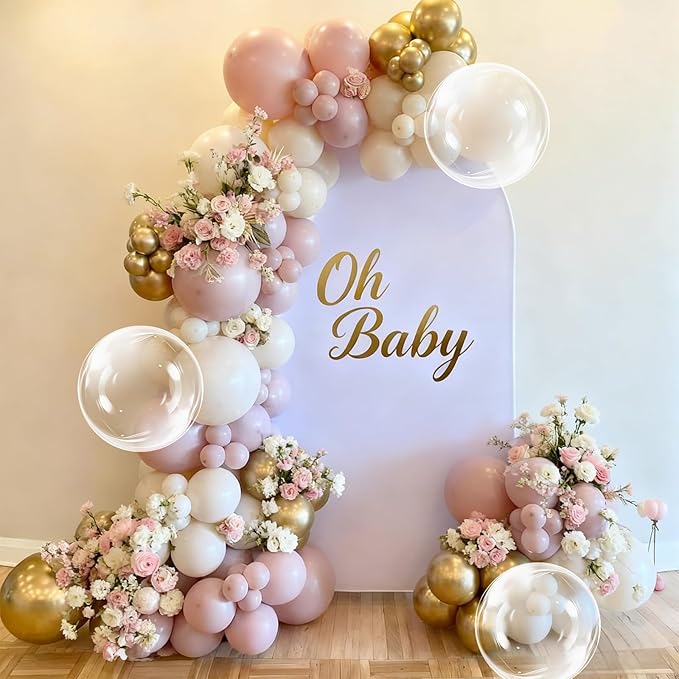 Dusty Pink Balloon Garland Arch Kit, Double Stuffed Pearl Pink White and Gold Balloon Large Clear Balloons for Girls Baby Shower Bridal Shower Wedding Birthday Party Decorations