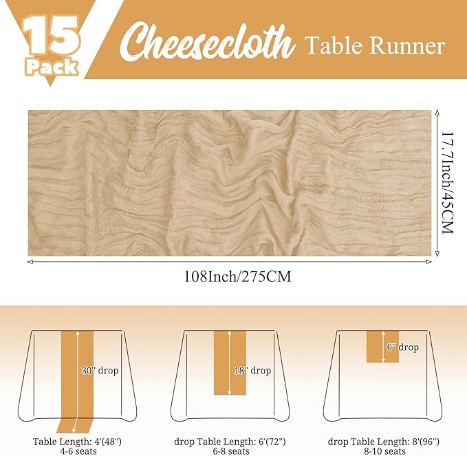 15 Pack Beige Table Runner 17 x 108inch Cheesecloth Table Runner Boho Gauze Table Runners Rustic Sheer Fabric Cheese Cloth Table Runners for Wedding Party Bridal Shower Farmhouse Thanksgiving Decor