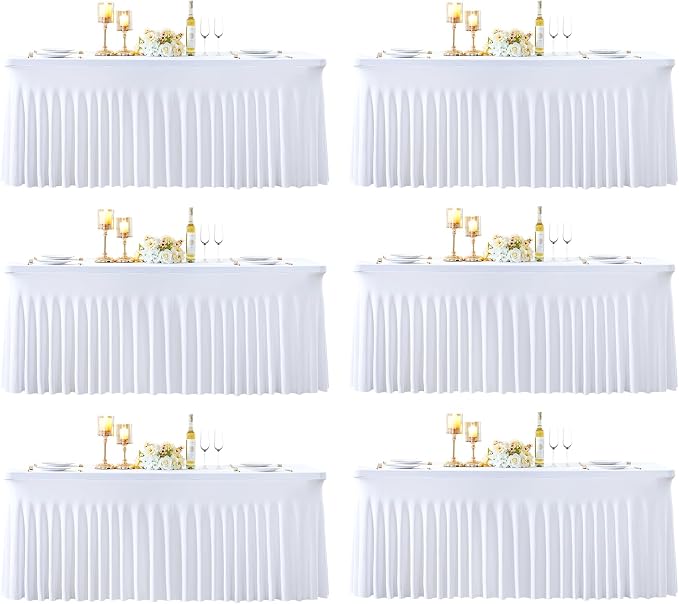 6 Pack 6ft White Spandex Table Cloths for Rectangle Tables Wrinkle Free White Rectangle Tablecloths, Stretch Fitted Table Cover with Skirt for Wedding Birthday Party Banquet Baby Shower Buffet Event