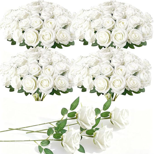 100 Pcs Fake Roses Bulk White Artificial Flowers, Artificial Velvet Silk Roses Bouquet with Stems for Wedding Decoration, Fake Flowers in Vase Valentines Day Floral Arrangement Centerpiece Home Decor