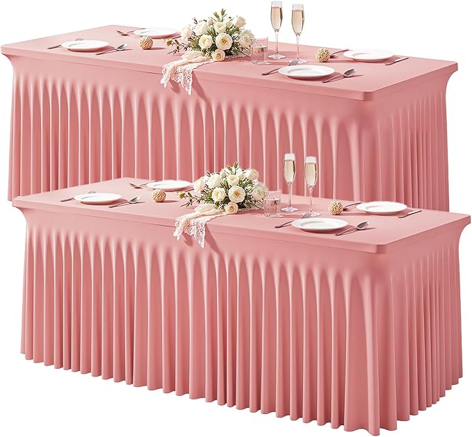Wish Care 2 Pack Dusty Rose Spandex Table Clothes for 8 Foot Rectangle Tables, 8FT Wrinkle Free Fitted Tablecloths Ruffles Design Table Cloth for Party, Banquet, Wedding and Events