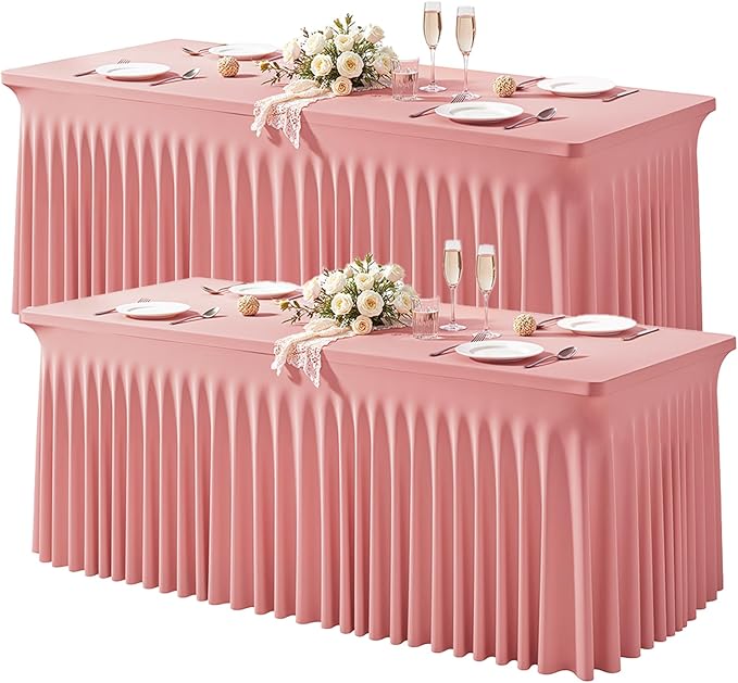 Wish Care 2 Pack Dusty Rose Spandex Table Clothes for 6 Foot Rectangle Tables, 6FT Wrinkle Free Fitted Tablecloths Ruffles Design Table Cloth for Party, Banquet, Wedding and Events