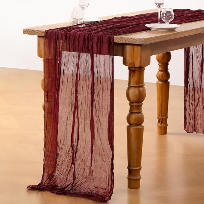 DeZerlor Burgundy Red Cheesecloth Table Runner 6 Pack Spring Easter Table Runners Boho Gauze 120 Inches Cheese Cloth Table Decor for Wedding Bridal Baby Shower Parties