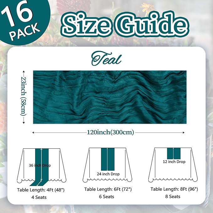 16 Pack Teal Cheesecloth Table Runner 10ft Boho Gauze Fabric 120 Inch Cheese Cloth Table Runner Rustic Sheer for Holiday Baby Shower Party Décor Home Wedding Decoration