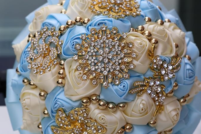 Light Blue Bridal Wedding Bouquet with Gold Brooch Bling Rhinestone Pearl Satin Rose Flower Brooch Bouquet for Bride Bridesmaid Quinceanera Wedding Light Blue and Ivory 9.5in