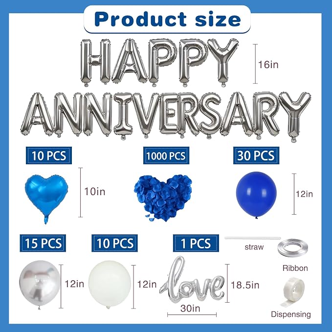 Blue Happy Anniversary Balloons Kit with Heart Shaped, Love Foil Balloons and 1000 Pieces Rose Petals for Valentine's Day Proposals Decorations (Blue - Happy Anniversary)