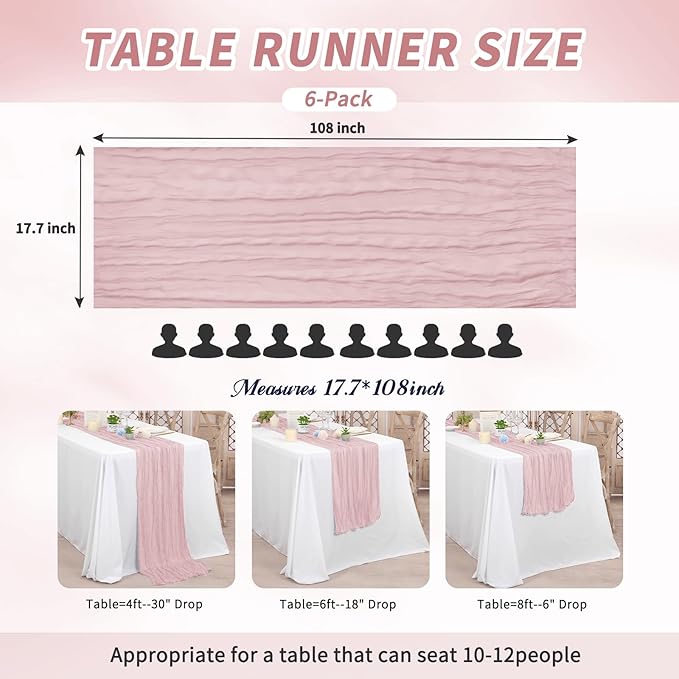 6 Pack Dusty Pink Cheesecloth Table Runner, Long Romantic Semi Sheer Rustic Boho Gauze Table Runners for Wedding Bridal Shower Birthday Party Decorations(17.7×108 Inch)