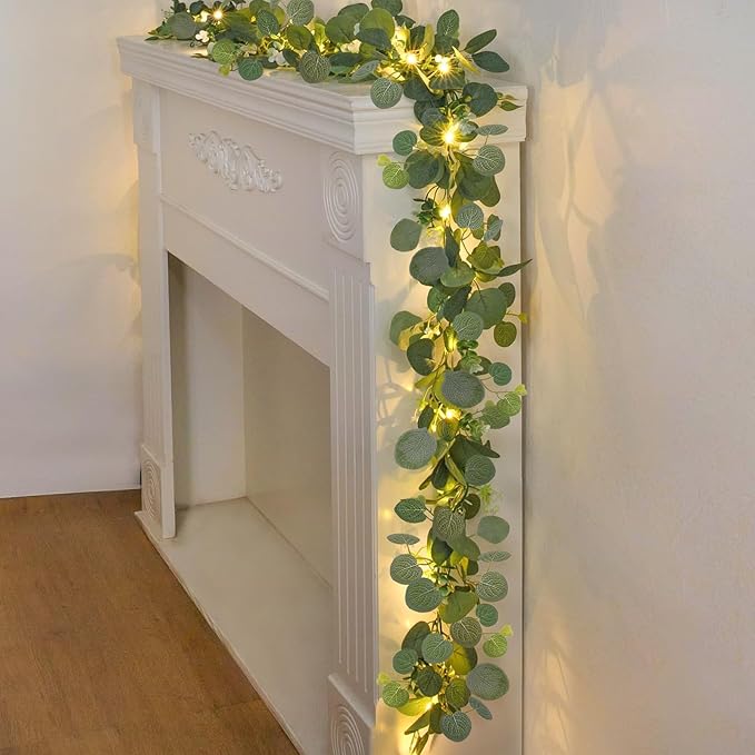 N&T NIETING 6 Pack Artificial Eucalyptus Garland with Lights, 6FT Artificial Greenery Garlands, Battery Operated Twig Vine for Room Stairs Mantle Wedding Holiday Mothers Day Decoration Indoor Outdoor