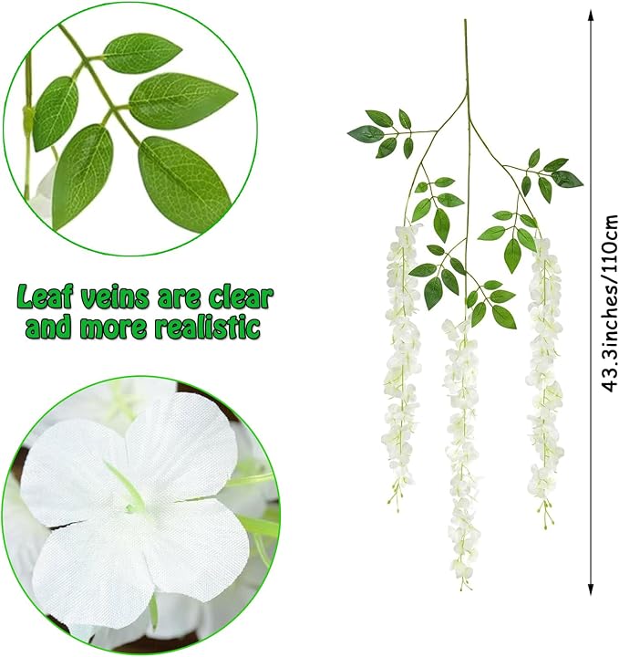 Artificial Wisteria Hanging Flowers Fake Wisteria Flower Garland Silk Vines Rattan Decor for Home Wedding Arch Wall Garden Greenery Bedroom Outdoor Office Party Decoration (48, White)