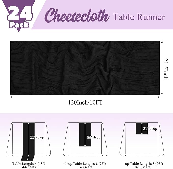24 Pack Black Table Runner 10Ft Cheesecloth Table Runner Rustic Gauze Table Runners Romantic Long Sheer Fabric Cheese Cloth Table Runners for Wedding Party Bridal Baby Shower