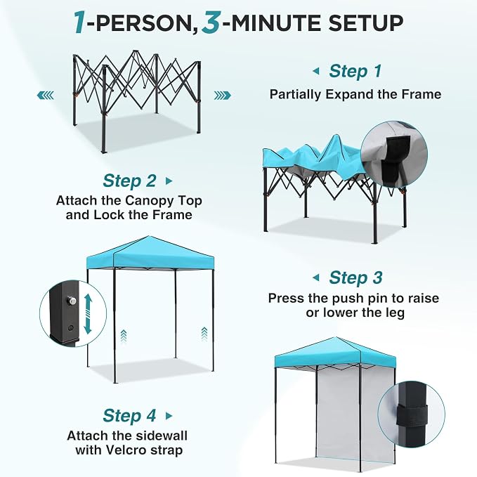 EAGLE PEAK 6x4 Instant Pop Up Canopy Tent with 1 Side Wall Panel, Straight Leg Sun Shelter, Portable Canopy with Carry Bag for Camping, Beach & Sports, Light Blue