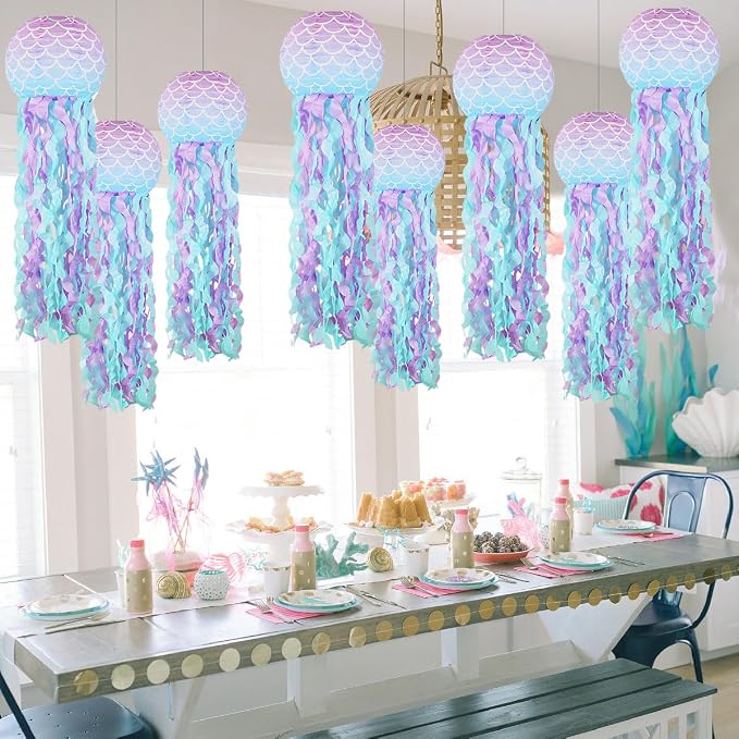 Mermaid Party Decorations, Jellyfish Paper Lanterns Mermaid Scales Hanging Lantern for Mermaid Birthday Party Baby Shower Under The Sea Ocean Decorations Pack of 8