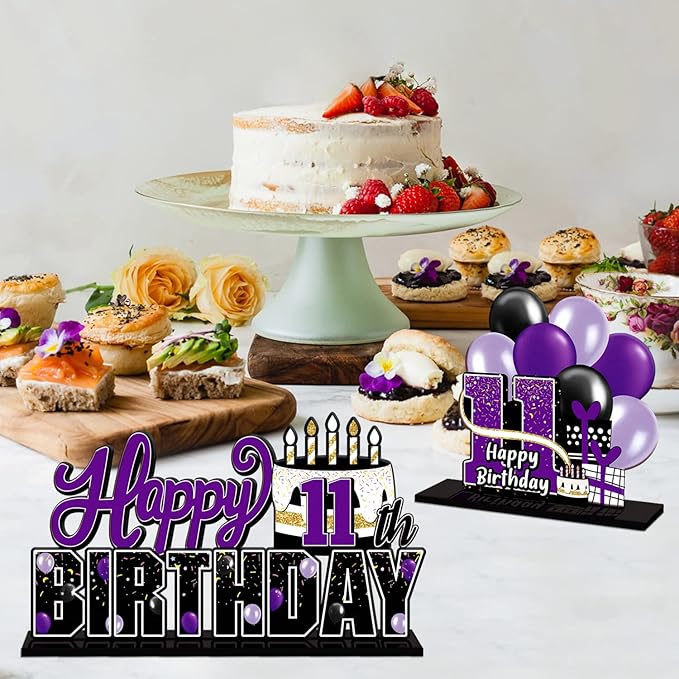 LINGTEER Happy 11th Birthday Purple Acrylic Table Topper Centerpieces Set - Cheers to Eleven Years Old Birthday 11th Bday Party Gift Decorations.