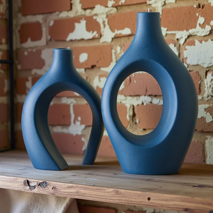 Lvases Snuggle Hollow Ceramic Vase Set of 2, 11 Inch Navy Blue | Nordic Boho Decor Home Flower Vases, Perfect for Living Room Coffee Table, Bookshelf Mantle & Entryway Pampas Grass Display