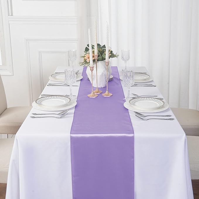 24Pack Table Runner 12 x 108 Inches Satin Silk Table Runner for Wedding, Birthday Party, Banquets, Graduations Decoration, fit Rectange and Round Table-Lavender