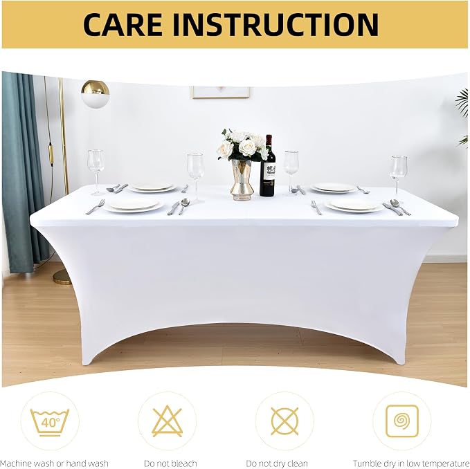 6-Pack 8ft White Spandex Table Covers for Rectangle Folding Tables - Washable Elastic Tablecloth - Ultimate Fitted Table Protector for Birthday Parties, Trade Shows, Banquet