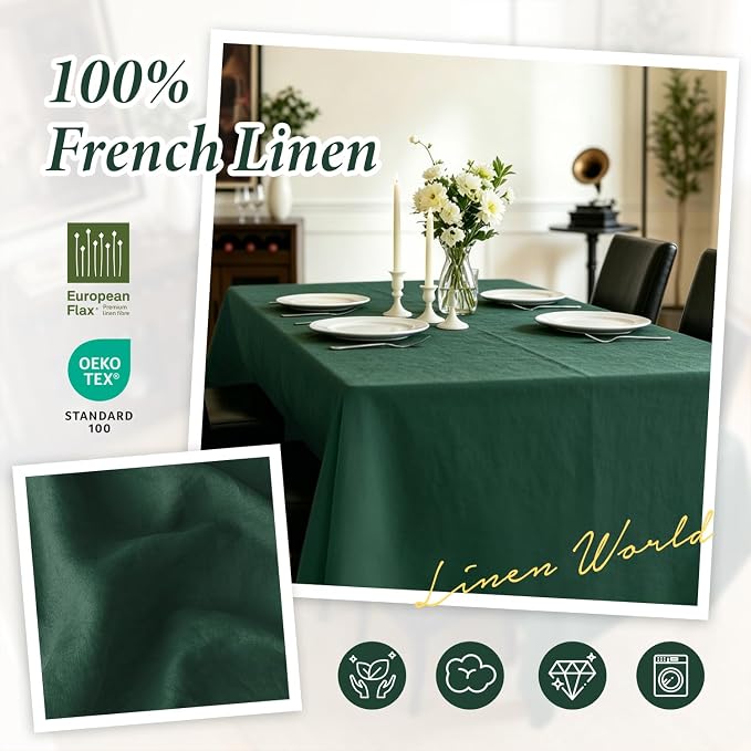 Linen World Linen Tablecloth,100% French Linen Green Tablecloth 108" x 60" Inch,Washable Rectangular Tablecloth for Dining,Outdoor,Weddings and Restaurants,Decorative Thanksgiving Christmas
