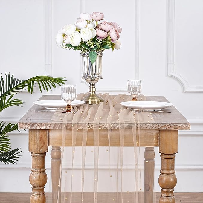 LuoluoHouse Pearl Table Runner Wedding Decor: 10ft Pearl Table Cloth 29x120 Inch Tulle Chiffon Fabric for Decortions Birthday Party Dining Table Cover (Tan,1pcs)