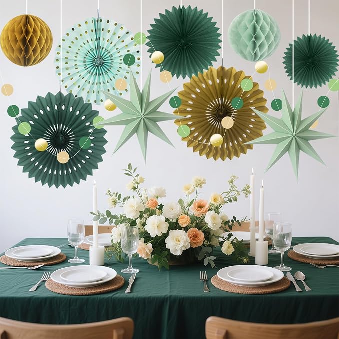 ADLKGG Sage Green Gold Party Decorations - Hanging Paper Fans Honeycomb Balls & Star Decor for Graduation, Gender Neutral Woodland Baby Shower, Bridal Shower, Birthday & Boho Wedding Photo Backdrop