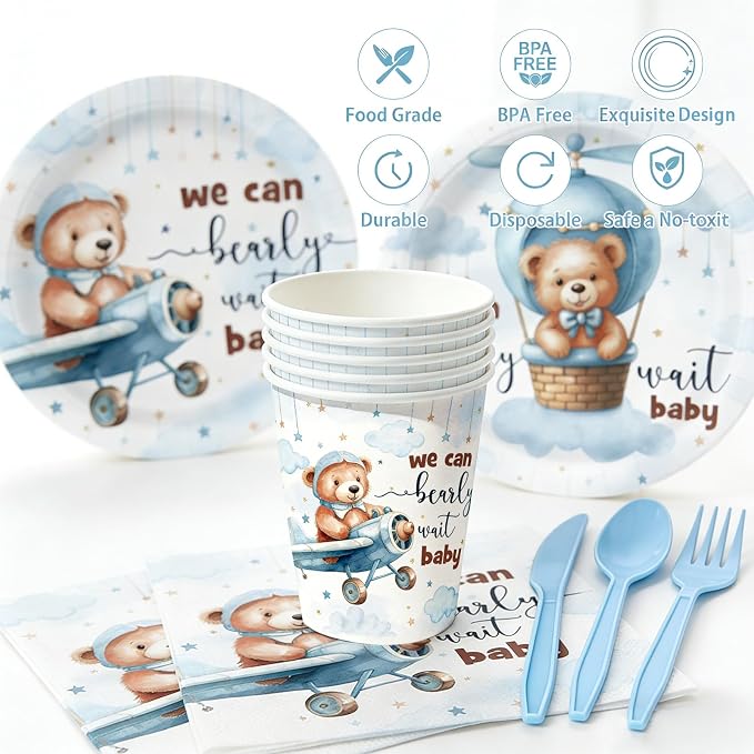 168pcs We Can Bearly Wait Plates Napkins Bear Baby Shower Party Supplies Disposable Tableware Set Teddy Bear Baby Shower Party Decorations Serve 24 Guests