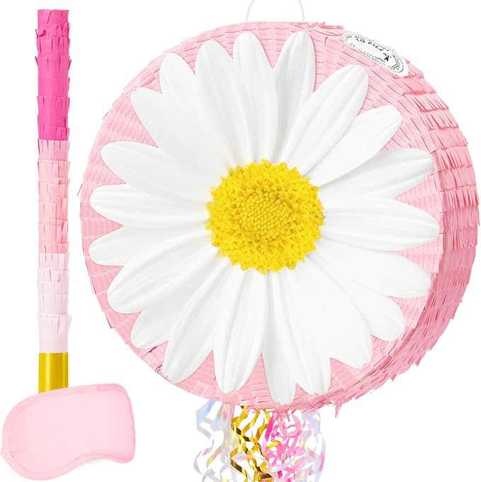 WERNNSAI Daisy Flower Piñata - Daisy Party Game Pink Flower Piñata for Girls Birthday Party Decorations Spring Party Favor Baby Shower Celebration Supply with Bat Blindfold
