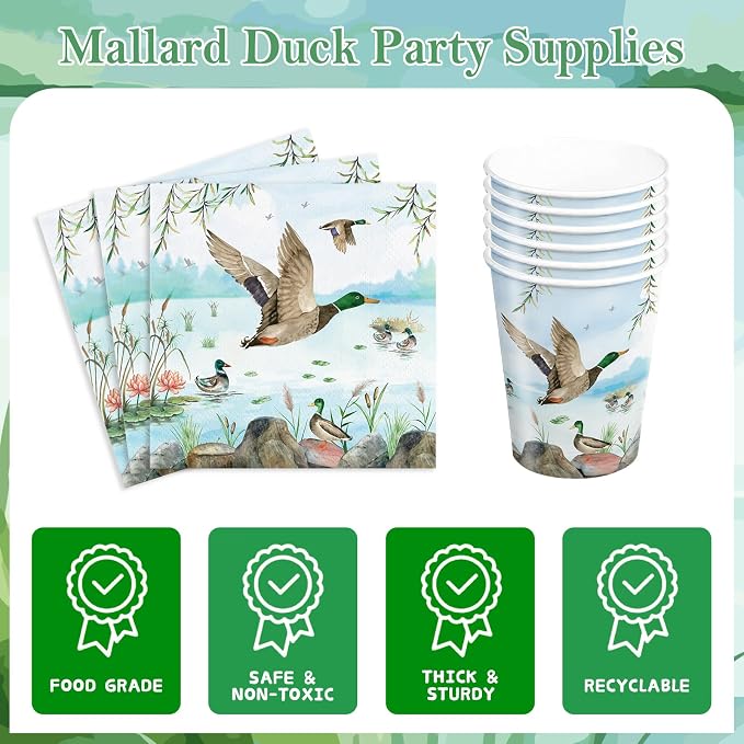 171pcs Mallard Duck Party Supplies Mallard Duck Party Plates Napkins Tableware Set Disposable Paper Cups Green Forks Tablecloth and Banner Duck Hunting Birthday Party Decorations Serves 24