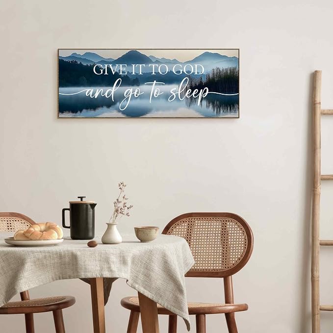TLESKE Give It to God and Go to Sleep Sign Large Wall Art Decor Framed 15x40, Above Bed Over Bed Canvas Wall Art Decor Print for Bedroom, Boho Mountains Bedroom Signs Wall Artwork Picture