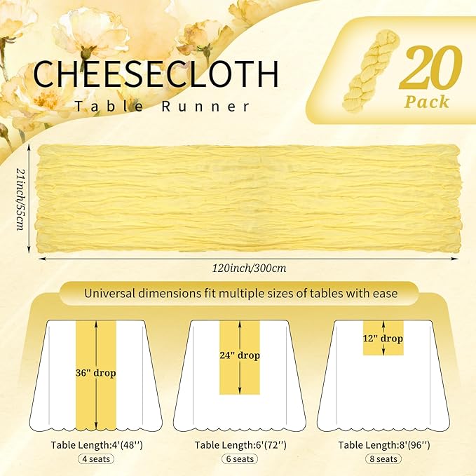 20 Pack Light Yellow Cheesecloth Table Runner 10FT Boho Gauze Cheese Cloth Table Runners Romantic Rustic Sheer Table Decorations for Wedding Party Baby Shower Birthday Holiday Home