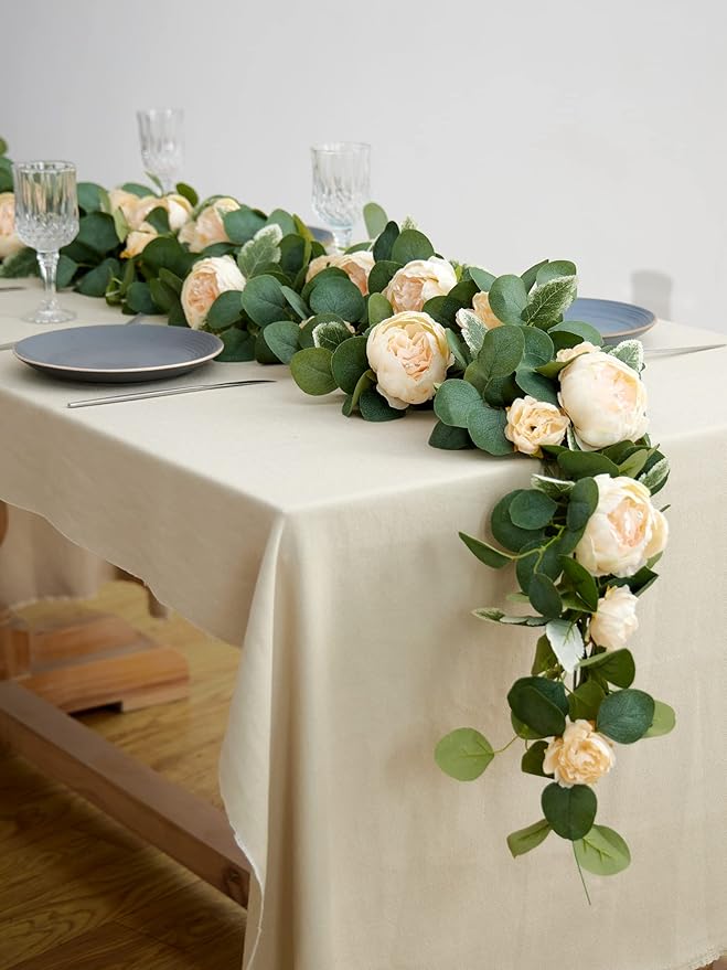 MISSPIN 2pcs Artificial Flowers Garland Spring Eucalyptus Garland Vintage Fake Flower Peony Rose Vine Greenery Decorative Wall Hanging Plant for Wedding Arch Door Arrangement Party Decor