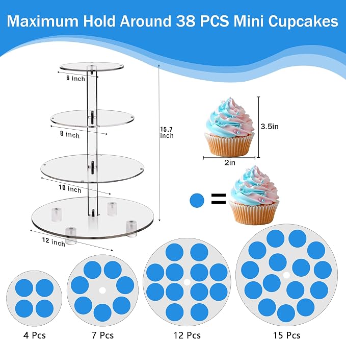 YestBuy 4 Tier Round Cupcake Stand – Premium Cupcake Holder – Acrylic Cupcake Tower Display- Cady Bar Party Décor + LED Light String – Ideal for Weddings, Birthday Parties & Events (Blue)