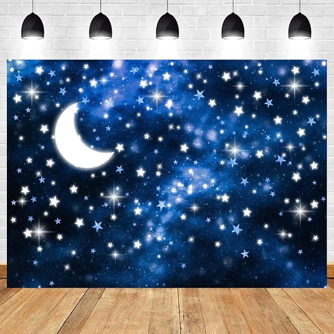 8x6ft Starry Night Backdrop Galaxy Night Sky Photography Background Moon Starlight Twinkle Twinkle Little Star Baby Shower Birthday Decorations Newborn Baby Portrait Photo Booth Prop