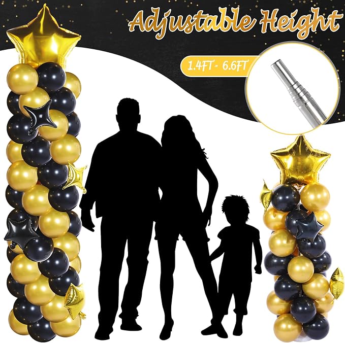 Gejoy 110 Pcs Black Gold Balloons Column Stand Kit Adjustable Tower Stand from 1.4 to 6.6 ft with Bases for Back to School Wedding Birthday Baby Shower Party
