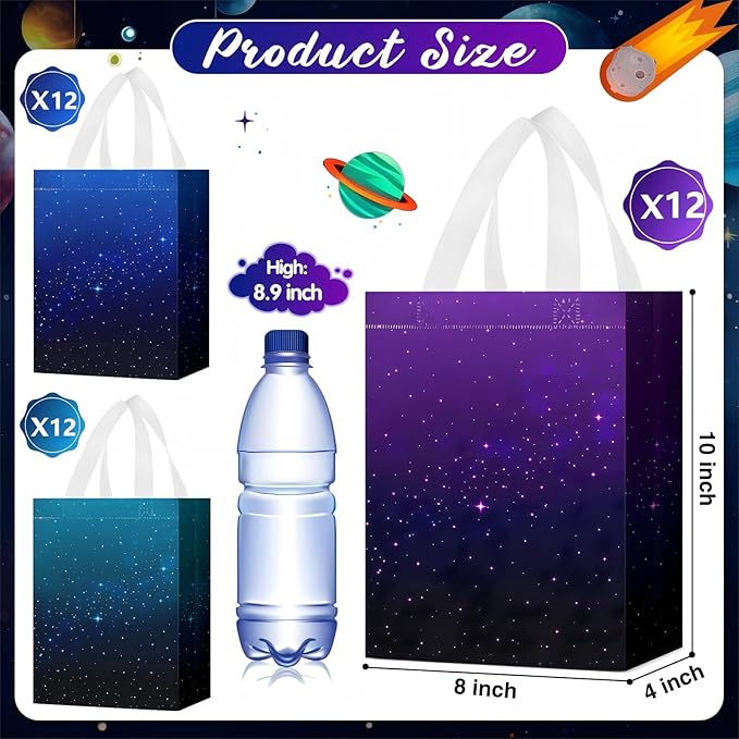 Locmeo 36 Pcs Galaxy Party Favor Gift Bags Starry Sky Goodie Space Star Reusable Bags Non Woven Starry Night Candy Treat Totes Graduation Gift Bag Birthday Party Decorations, 8 x 4 x 10 Inch