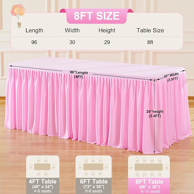 2 Packs Pink Tableclothes for 8 Foot Rectangle Tables, Wrinkle Free Fitted Table Cloth 8ft Stretch Table Cover with Skirt for Parties Weddings Birthday Banquet Baby Shower