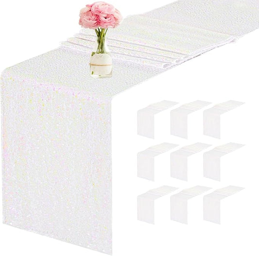10 Packs 12 x 72 inches Sequin Table Runner, White Iridescent Glitter Table Runner for Birthday Party Supplies Wedding Engagement Baby Shower Holiday Celebration Event Decorations
