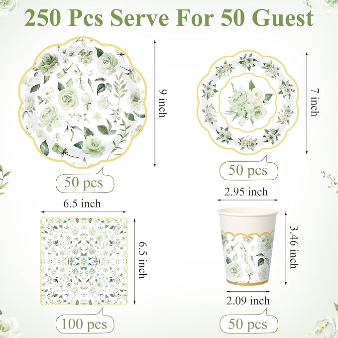 Funnymoom 250 Pcs Floral Party Decorations Flower Paper Plates Napkins and Cups Green and Gold Floral Disposable Tableware Set for Bridal Shower Baby Shower Wedding Spring Tea Party Supplies Serves 50