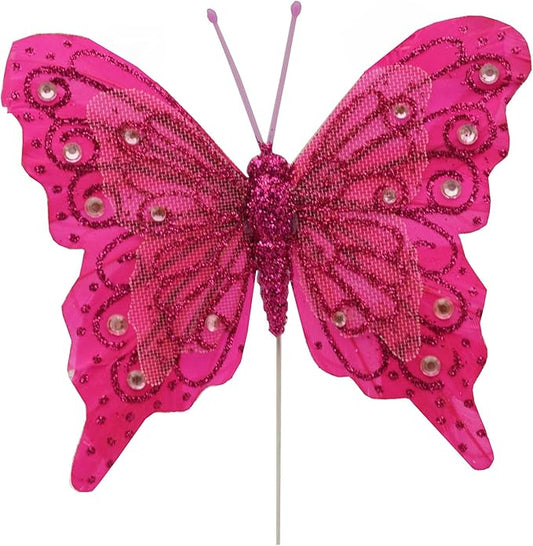 Set of 12 Glitter Monarch Feather Butterflies on Wire for Floral Arrangements and DIY Decorations (Fuchsia)