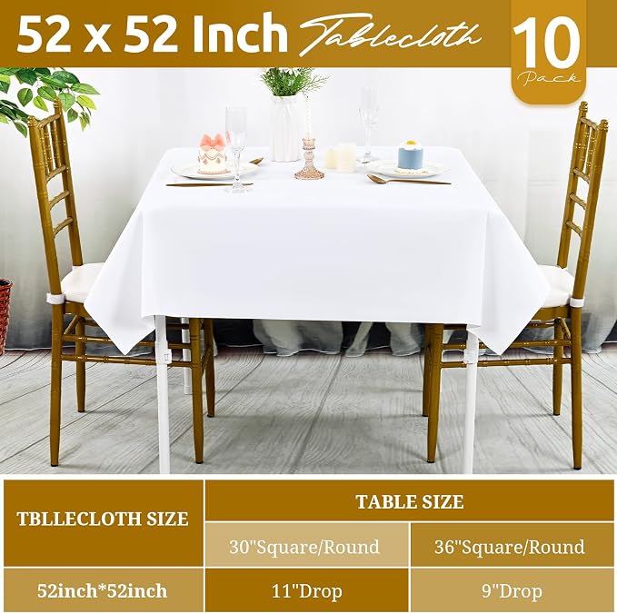 fani 10 Pack Square Tablecloth 52 x 52 Inch, White Tablecloth for Square Table, Stain and Wrinkle Resistant Washable Polyester Table Cloth, Decorative Fabric Table Cover for Wedding Buffet Parties