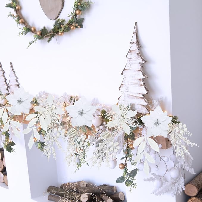 Winlyn 35 Pcs Christmas Artificial Poinsettia Flowers Picks and Artificial Leaves Sprays White Glitter Christmas Floral Picks for White Christmas Tree Wreath Garland Holiday Centerpiece Decorations
