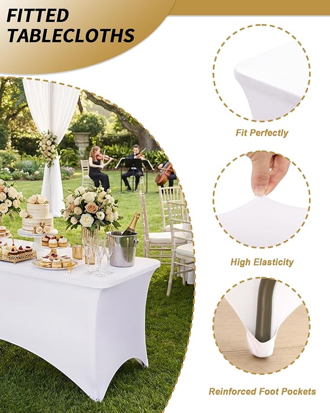 Fixwal 3 Pack White Tablecloth Rectangle 8Ft, Stretch Spandex Fitted Table Cover for Party, Trade Show, Wedding, Buffet, Graduation, Vendor Stand