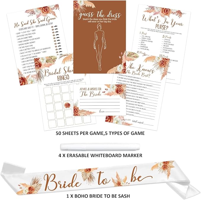 Levfla 300 Pcs Boho Bridal Shower Games Cards - Set of 6 (50 Guests) with Tropical Bohemian Bride to Be Sash 4 PCS Marker Pens Suitable for Pampas Grass Bridal Shower, Terracotta Bachelorette Party