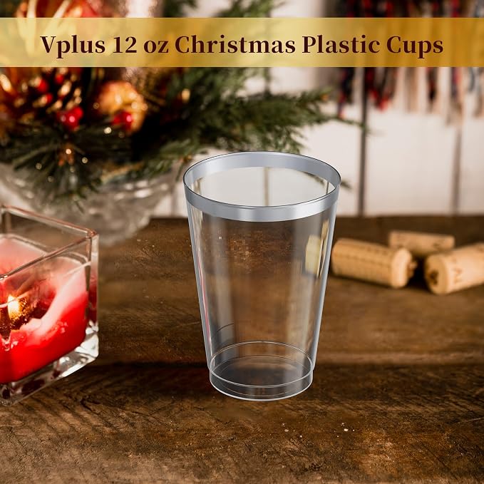 Vplus 150 Pack 12 OZ Reusable Silver Rimmed Clear Plastic Cups, Disposable Heavy Duty Plastic Cups for Party, Christmas, Wedding, Thanksgiving, Halloween