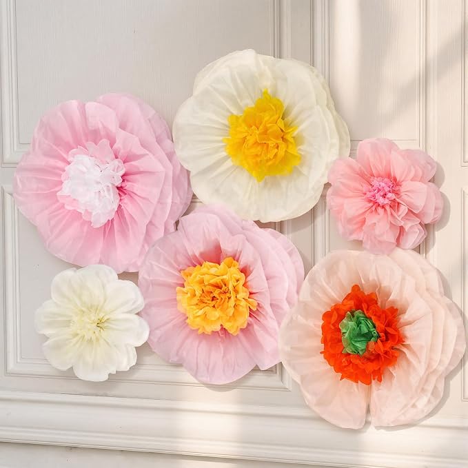 Giegxin 6 Pcs 14'', 9'' Pastel Large Paper Flowers for Wall Decorations Pink Tissue Crepe Flowers Pastel Party Decorations Floral for Classroom Wedding Baby Shower Birthday Tea Party Art Backdrop