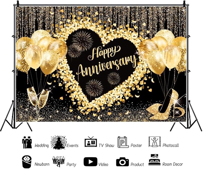 10x8ft Black and Gold Happy Anniversary Backdrop Banner, Happy Anniversary Sign, Gold Glitter Bokeh Spot Balloon Champagne Decorations for Wedding Anniversary Bridal Shower Party Photo Backdrops