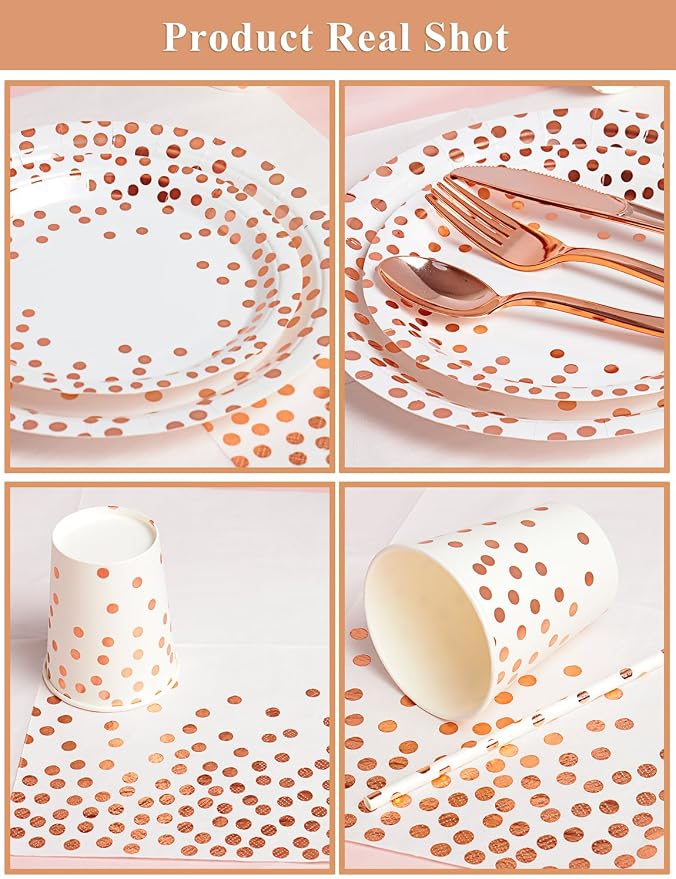 Nkaiso 141 Pieces Rose Gold Party Supplies, Disposable Party Decorations Sets Include Paper Plates Napkins Cups, Plastic Forks Knives Spoons, for Baby Shower Birthday Wedding -20 Guests